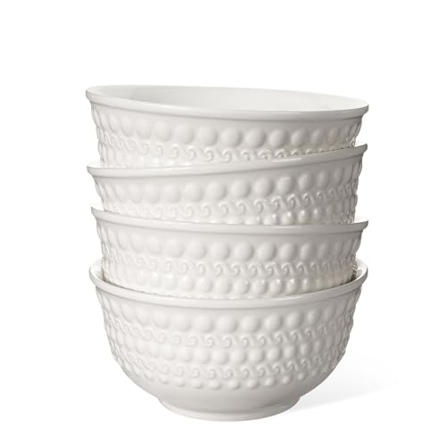 Wareland Cereal Bowls Set of 4 - Ceramic Soup Bowls for Kitchen 30 Oz Embossment White Breakfast Bowls for Rice, Pasta, Fruits, Salad, Ramen, 6.25 Inch, Dishwasher & Microwave Safe (Auspicio