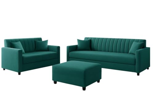 Image of 3+2 Fabric Wooden Sofa Set with Ottoman for Living Room | Modern Upholstered 5-Seater Couch | Soft Cushion, Premium Velvet Fabric-Green
