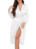Lovasy Satin Bademantel Damen Lang Kimono Japanisch Morgenmantel für Damen Manschetten aus Spitze Braut Bademantel Hochzeit Party mit Gürtel,Weiß,S