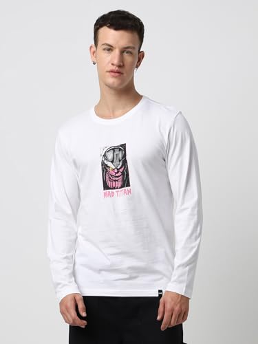 Image of Bewakoof X Marvel Thanos Men's Cotton Jersey Graphic Print Regular Fit Full Sleeve Round Neck T-Shirt | Tshirt for Man | Tshirt for Men Cotton | Tshirts for Men Stylish | Casual Wear | Street Wear