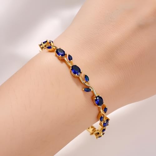 Image of Inites Fairy Bloom Floral Tulip Bracelet With Blue Crystal Stones For Girls & Women | Elegant Anti Tarnish Golden Chain Link Floral Branches Bracelet Lightweight Jewelry For Daily Wear & Gifts