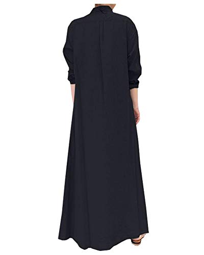 Image of Ladyful Women's Cotton Linen Maxi Dress Summer Long Sleeve Shirt Dress | Button down, Collared, Pockets, Solid color /Striped, Summer Caftans for women, Plus size, Cotton maxi dress for Party, Beach