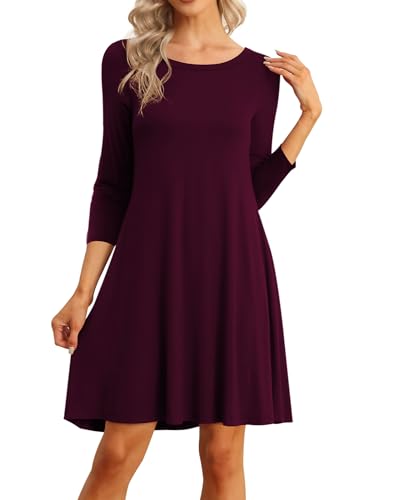 Image of VIISHOW Womens Round Neck 3 /4 Sleeves A-line Casual Tshirt Dress with Pocket