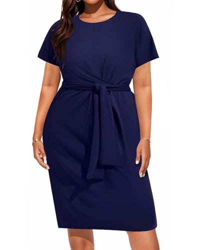 Image of Pinup Fashion Plus Size Dresses for Women Wedding Guest Short Sleeve Tie Front Waist Belted Pencil Work Knee Dress