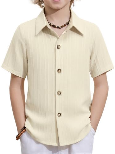 Image of Arshiner Boys Casual Short Sleeve Button Down Shirt Fashion Textured Summer Beach Shirt 3-13 Years Old