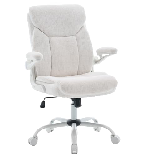 Cloth Office Chair Adjustable Desk Chair Mid Back Executive Comfortable Fabric Ergonomic Back Support Home Computer Chair with Padded Flip-up Armrest Swivel Wheels, Small Gaming Chair | White