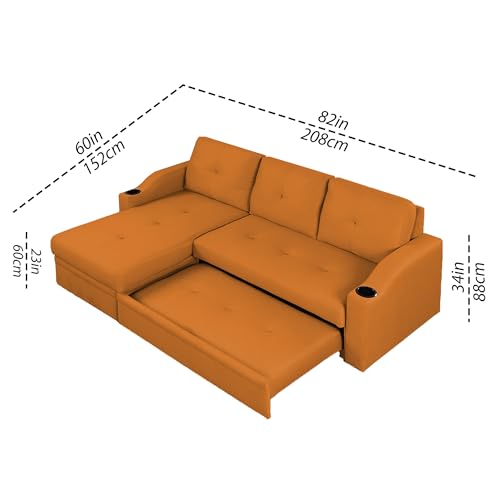 Image of Casaliving Ravonna LHS 4 Seater L Shape Corner Sofa Cum Bed for Living Room (Orange Fabric) Premium Fabric Sofa