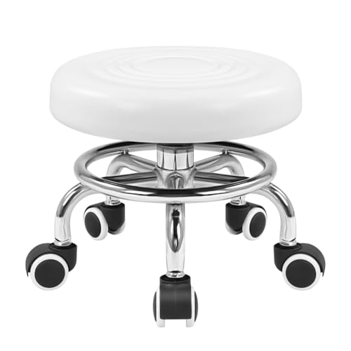 KKTONER Black Roller Seat PU Leather Rolling Stools with Wheels Nail Stool for Home Work Office Shop Step Stool (White)