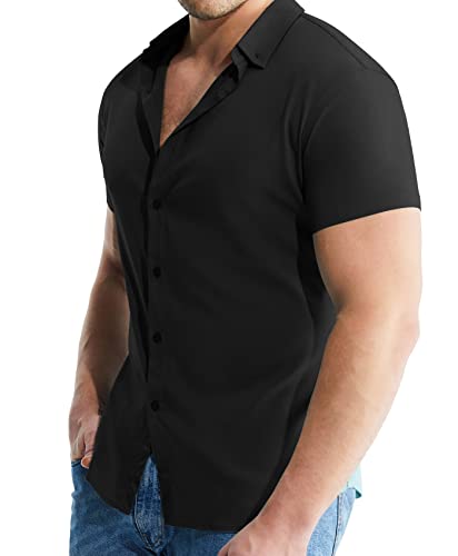 Askdeer Men's Muscle Dress Shirts Slim Fit Short Sleeve Stretch Casual Button Down Shirt Black #TOP2