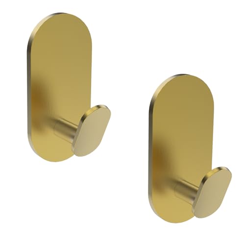 Adhesive Towel Hooks for Bathrooms 2 Pack Brushed Gold Stainless Steel and Zinc Alloy Sticky Wall Hooks for Hanging Heavy Duty Self Adhesive Robe Shower Hanger for Kitchen, Closet, Cabinet, Door