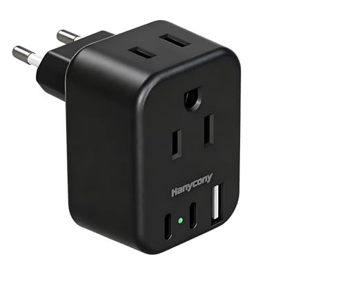 Image of Black European Travel Plug Adapter USB C, International Plug Adapter, US to Europe Adapter Plug 2 Outlets 3 USB Ports(2 C Port), Type C Power Adapter to Iceland Italy France Portugal Spain Germany