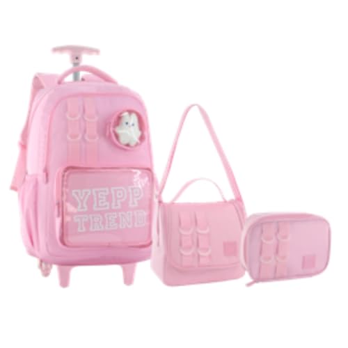 Kit Escolar 3 em 1 Mochila Frente em PVC transparente Gatinho fofo com Rodinhas Bolsa Tiracolo Estojo Feminina (Rosa)