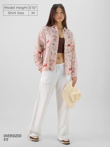 Image of The Souled Store Official Peanuts: Beach Bum Women and Girls Long Sleeve Collared Neck Pink All Over Printed Cotton Boyfriend Shirts