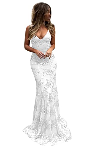 Sukleet Women's Spaghetti Strap Sequin Mermaid Prom Dresses Long Open Back Formal Evening Gowns