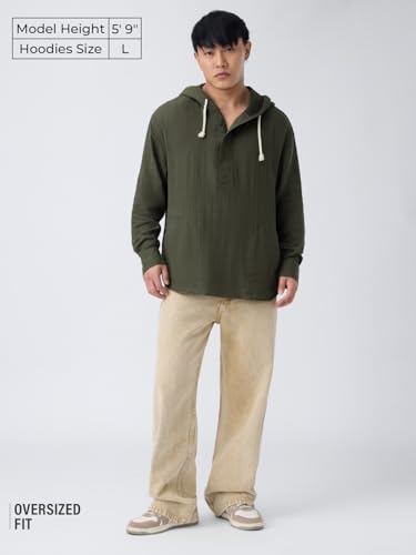 Image of The Souled Store Cotton Gauze Hoodie: Storm Men and Boys Full Sleeves Hooded Neck Olive Green Solid Textured Cotton Oversized Fit Double Cloth Everyday All-Season Hoodie