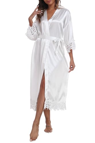VOGUEMAX Womens Long Bride Bridesmaid Robe Lace Trim Sleepwear Getting Ready of Wedding Silky Kimono Robe3