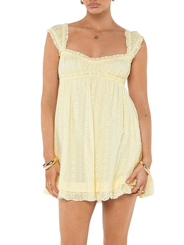 Women Eyelet Mini Dress Summer Sleeveless Flowy Short Graduation Dress Party Sundress Homecoming Dress