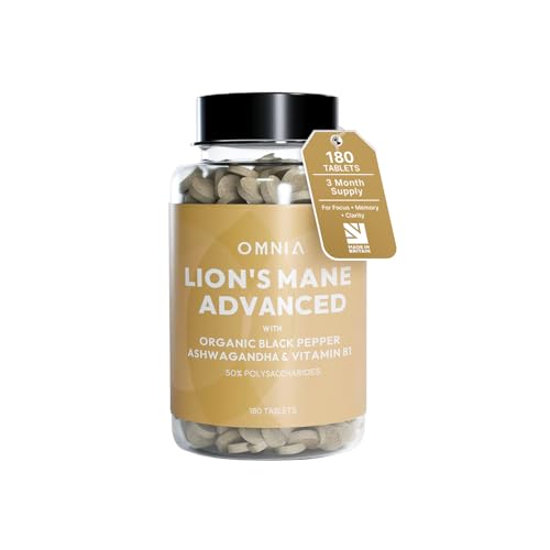 OMNIA Lions Mane 2000mg Tablets 15:1 High Strength Extract with Ashwagandha Organic Black Pepper & Vitamin B1 180 Vegan Tablets UK Made Brain Supplement for Focus & Clarity