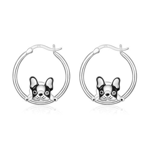 Sterling Silver French Bulldog Hoop Earrings for Women - Cute Animal Earrings Dog Jewelry Birthday Christmas Valentines Anniversary Hoops Gifts for Women Ladies