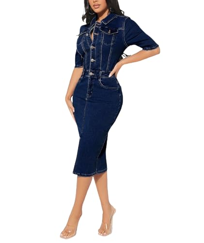 Sexyshine Women's Bodycon Denim Dress Elegant Half Sleeve 1/2 Button Down Placket Split Midi Denim Pencil Dress2