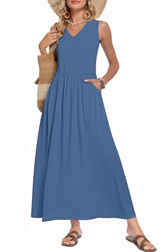 WNEEDU Women's Office Wear Dress with Pockets Sleeveless V Neck
