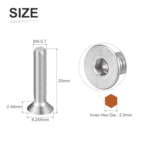 Image of DTGN M4-0.7 x 20mm Flat Head Socket Cap Screws, 100 Pack 304 Stainless Steel Hex Socket Flat Head Screws, Full Thread, Countersunk Bolts