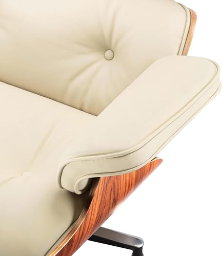 Image of Top Cream White Grain Leather, Mid Century Chaise Lounge Chair and Ottoman, Modern Chair Classic Design, Palisander Wood, Heavy Duty Base Support for Living Room Office