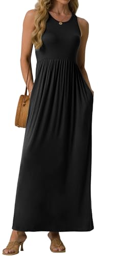 GRECERELLE Women's Summer Sleeveless Casual Long Tank Maxi Dress with Pockets, Black, M