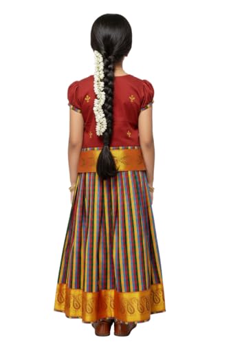 Image of Girls Traditional Silk Pavadai Sattai Lehenga Choli with Waist Belt | Ethnic Festival Wear for Girls, Perfect for Weddings, Pongal, Religious & Special Occasions