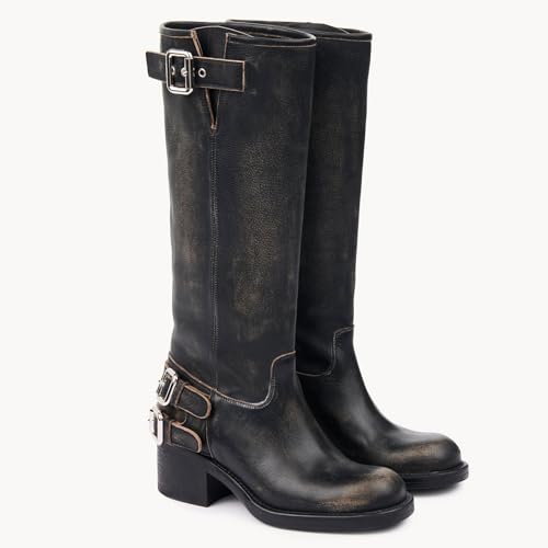 Black Women's Knee High Boots Motorcycle Boot Comfortable Pull On Square Toe Chunky Low Heel Fashion Vintage Metallic Buckles Biker Riding Boots.3