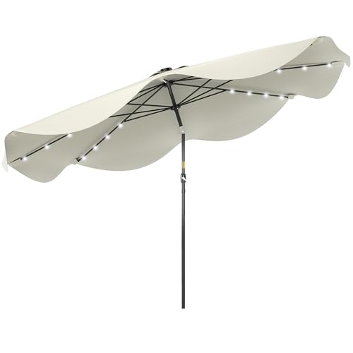 Outsunny Sombrilla de Jardín Ø292x248 cm Parasol de Terraza Manual con 32 Luces LED Solares 8 Varillas Ángulo Ajustable Impermeable y Rejillas de Ventilación para Patio Balcón Crema