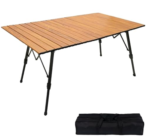 LEESA アウトドアテーブル キャンプテーブル 120×70 折りたたみ ロールテーブル 軽量 アルミ製 ウッド調 木目 ブラウン 耐熱 安定 コンパクト 組立簡単 収納バッグ付
