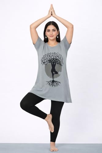 Image of CUPID Women Cotton Round Neck Half Sleeves T-Shirt,Night n Sleep Wear,Daily Use Gym /Lounge Wear Long Tops with Pocket Gray Pink XXL