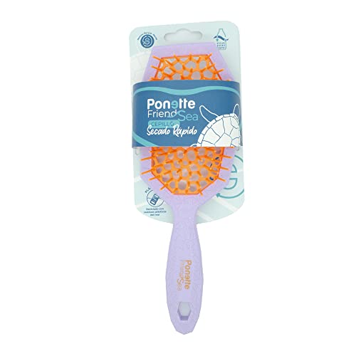 PONETTE FRIENDSEA - Cepillo Desenredante Antitirones de Secado Rápido Lila y Naranja, de Plástico Reciclado de Residuos del Mar, Perforado para un Secado Rápido, Reciclado y Reciclable, Marca Española