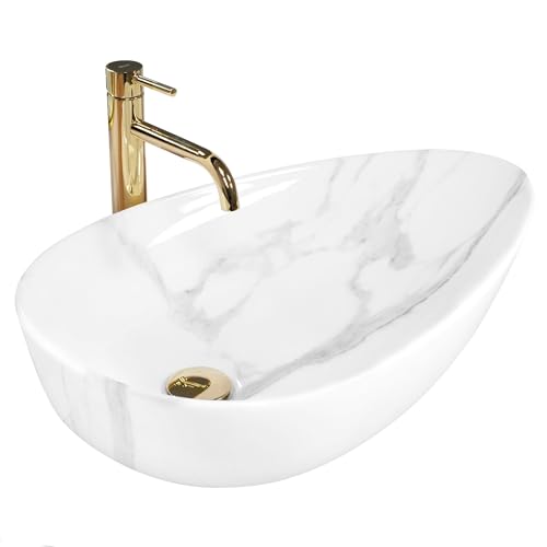 Rea LAVABO SOBRE ENCIMERA GRETA 65 BIANCO SHINY Lavabo de Baño 655 x 390 x 135 mm Cerámico (Blanco, Imitación Mármol)