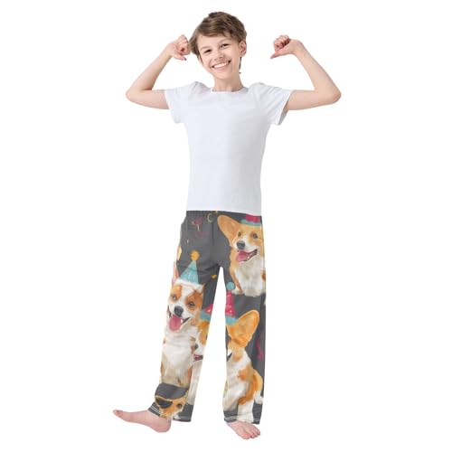 Corgi Dog Birthday Ribbon Boys Long Pants Soft Trousers Elastic Waist Kids Lounge Bottoms with Pockets S-XL3