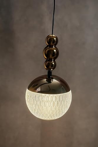 Image of Modern LED Globe Glass Textured Pendant Hanging Light with 3 Color Changing (White /Warm /Natural White) - Adjustable Hanging Ceiling Light for Bedroom, Living Room & Dining