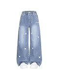 GORGLITTER Girl's Wide Leg Baggy Jeans High Elastic Waist Heart Letter Embroidery Casual Denim Pants 8-12 Years Medium Wash 10Y