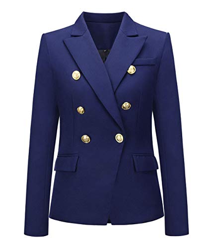 chouyatou Blazer Feminino Vintage Com Abotoamento Duplo, Slim Fit, Jaqueta (Grande, Azul)