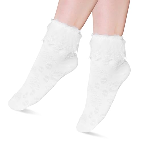 Women Frilly Socks, Ankle Socks Soft White Ruffle Socks Fashion Ladies Princess Lace Socks Cotton Cute Socks for Women