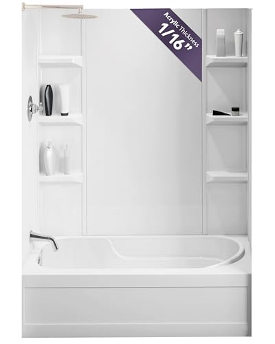 White Acrylic Tub Wall Surround D32'x W60'x H58' - Waterproof, Easy-to-Install, Includes Two Shelf Units - Bathtub Wall Surround Panels, Plain Pattern, Classic Shelves - Noah William Home