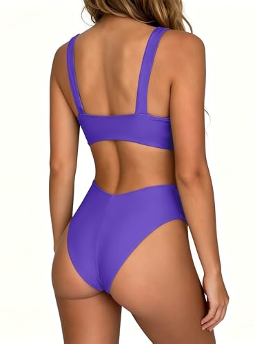 Image of geluboao Bikini Set for Women Solid V Neck Knot Front Push Up High Leg Thong Two Piece Swimsuit
