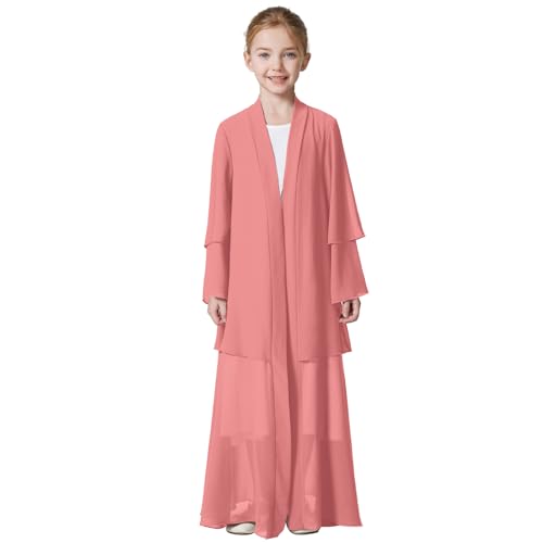 IBAKOM Open Abaya Girl Dress Double Layered Chiffon Muslim Modest Dubai Attire Long Sleeve Islamic Eid Ramadan Prayer Clothes Full Body Arab Turkish Afghan Flowy Kaftan Robe Pink 7-8 Years