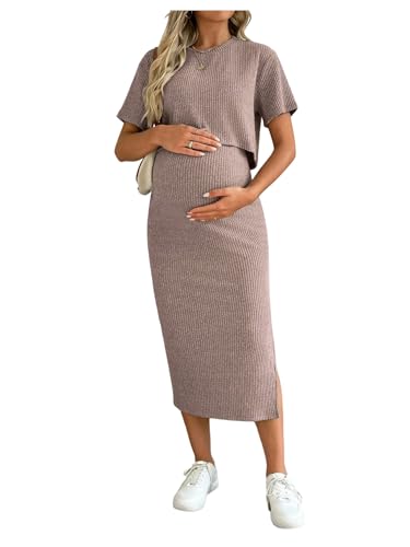 SHENHE Women's Maternity Ribbed 2 Piece Outfits Short...