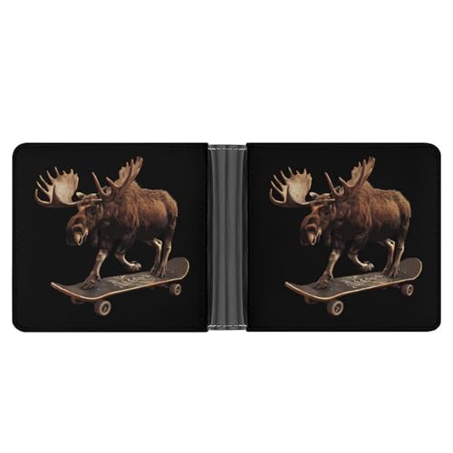 Skateboard Moose Funny Men's Slim Bifold Wallet with Multiple Card Slots Front Pocket Purse