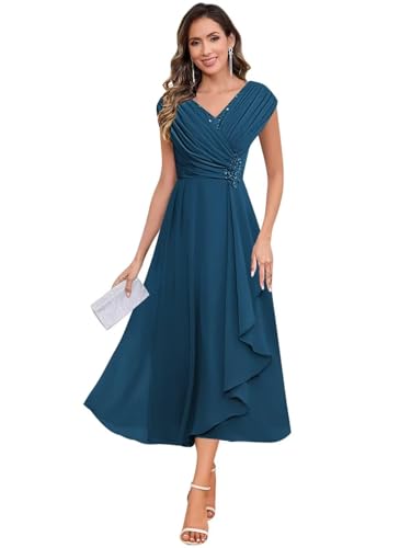 Women's Lace Cap Sleeve Chiffon Mother of The Bride Dresses Tea Length Ruffle A Line Formal Dresses for Wedding S83