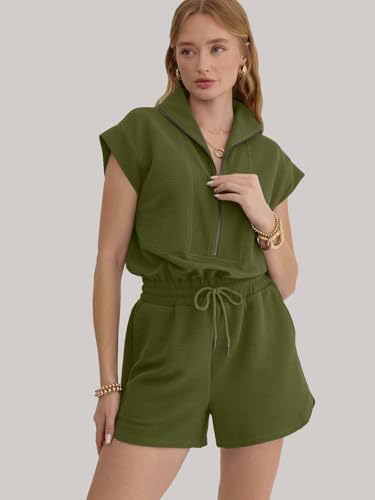 Image of Rompers for Women Summer Short Sleeve Half Zip Lapel Collar Jumpsuit Casual Drawstring One Piece Outfits with Pockets