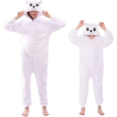 ZOBAYOP Flannel Animal Onesie Costume One Piece Kids Adults Cosplay for Halloween Easter Boys Girls Womens Polar Bear XL White Cover