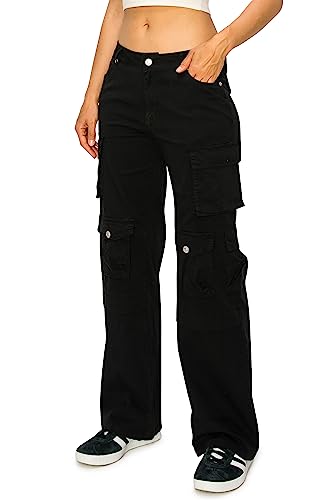 Cali1850 Women’s Twill Cargo Pants – Low Rise Wide Leg 10 Multi Pockets Stretch Casual Streetwear Trousers2