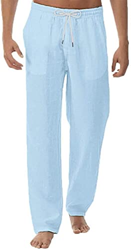 Linnebyxor herr långa joggingbyxor som andas sommarbyxor herr lätta fritidsbyxor herr loose fit fritidsbyxor loungewear bomull linne sommarbyxor (Color : Blue, Size : XL)
